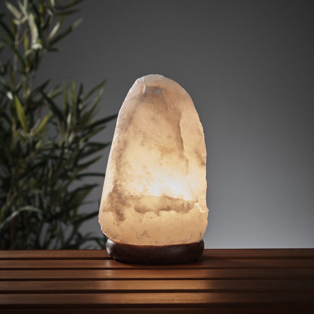 Lampe pierre de sel de l'Himalaya Mességué socle bois Ø13xH24cm
