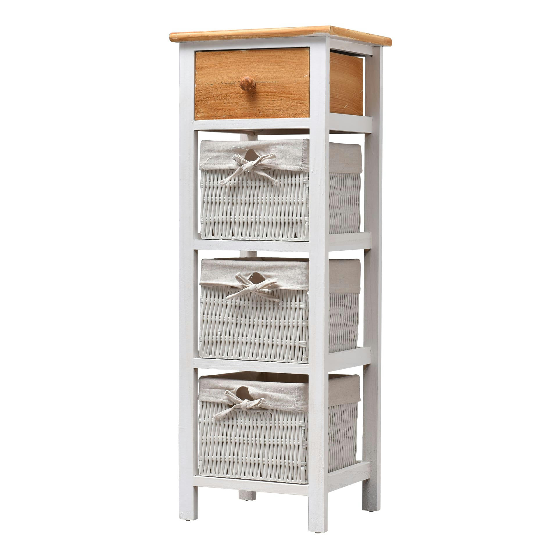 - Chiffonnier étroit à 4 tiroirs en bois et osier blanc et brun