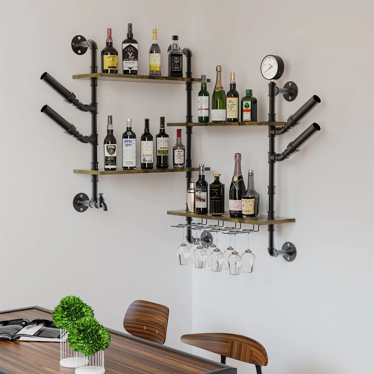 Industrial Pipe Wall Mounted Wine Rack Holder Corner Wine Storage Shelf 4 Tiers