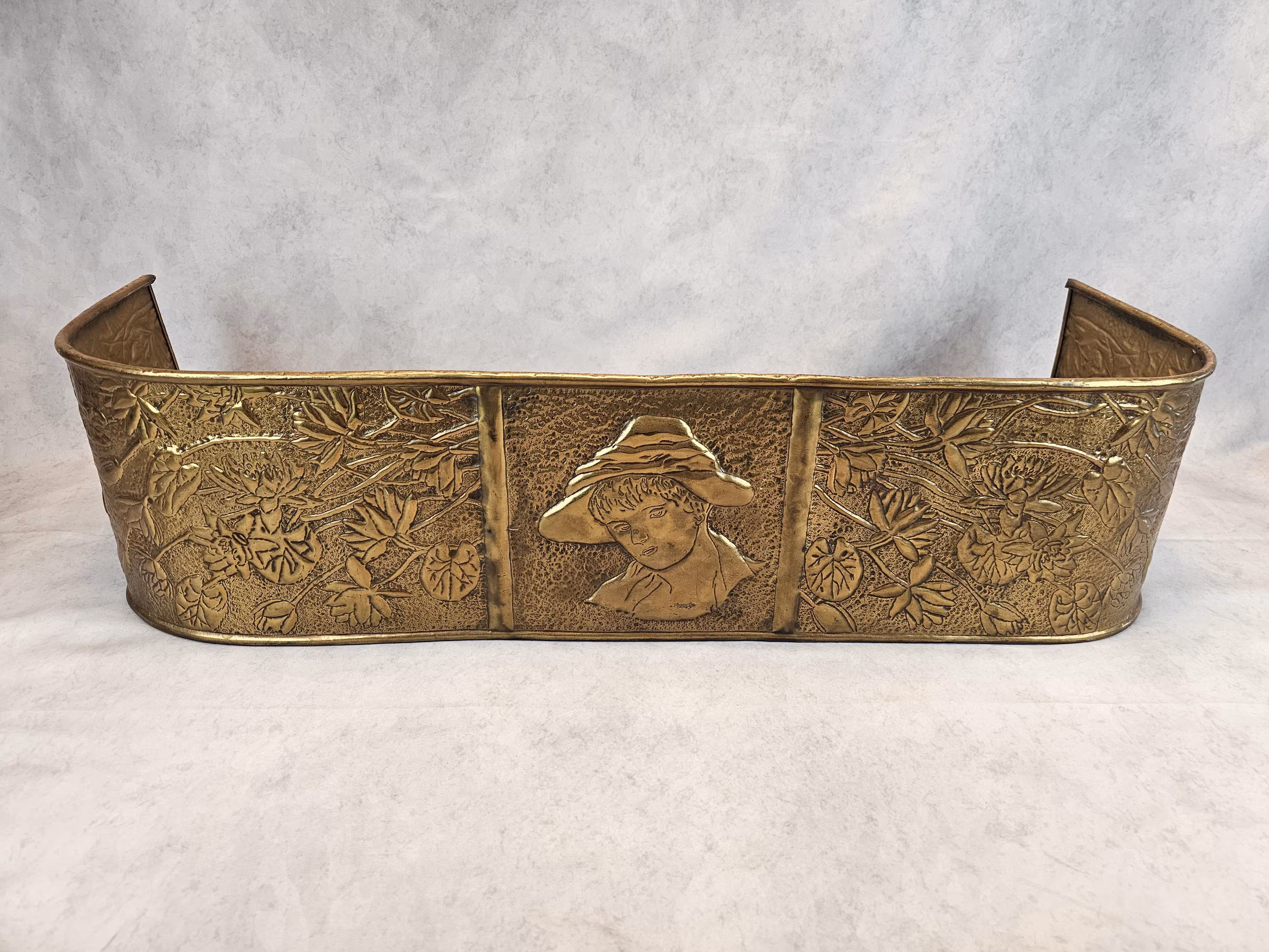 Vintage Brass Fireplace Fender | Victorian Repoussé Botanical Panels