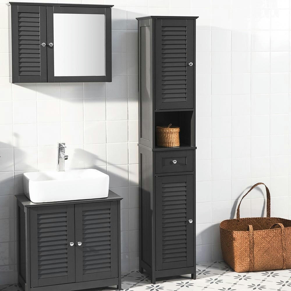 - Meuble colonne 1 tiroir 2 portes effet bois gris foncé