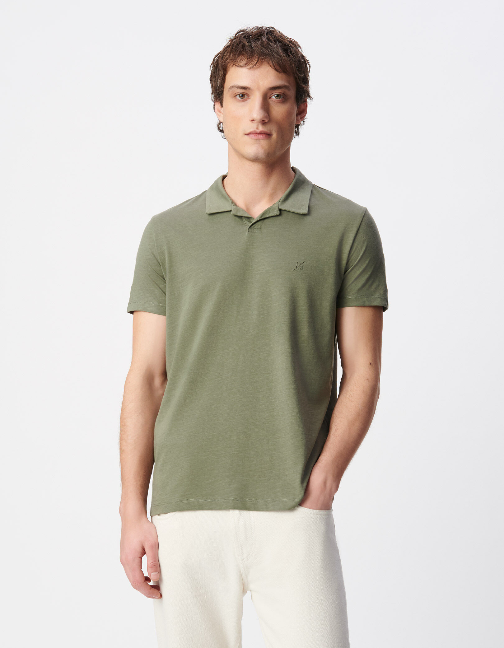 Polo manches courtes kaki coton bio flammé Homme