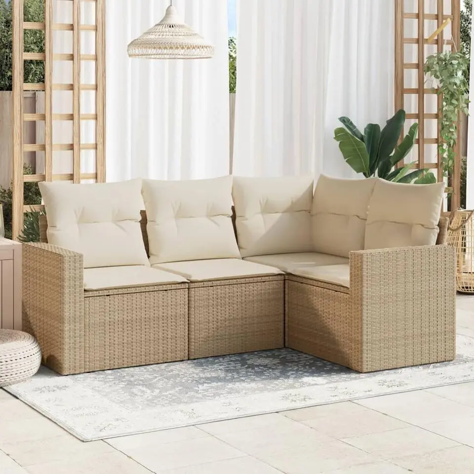 vidaXL - Loungeset - Beige - Poly rattan - 4 stuks - Met kussens