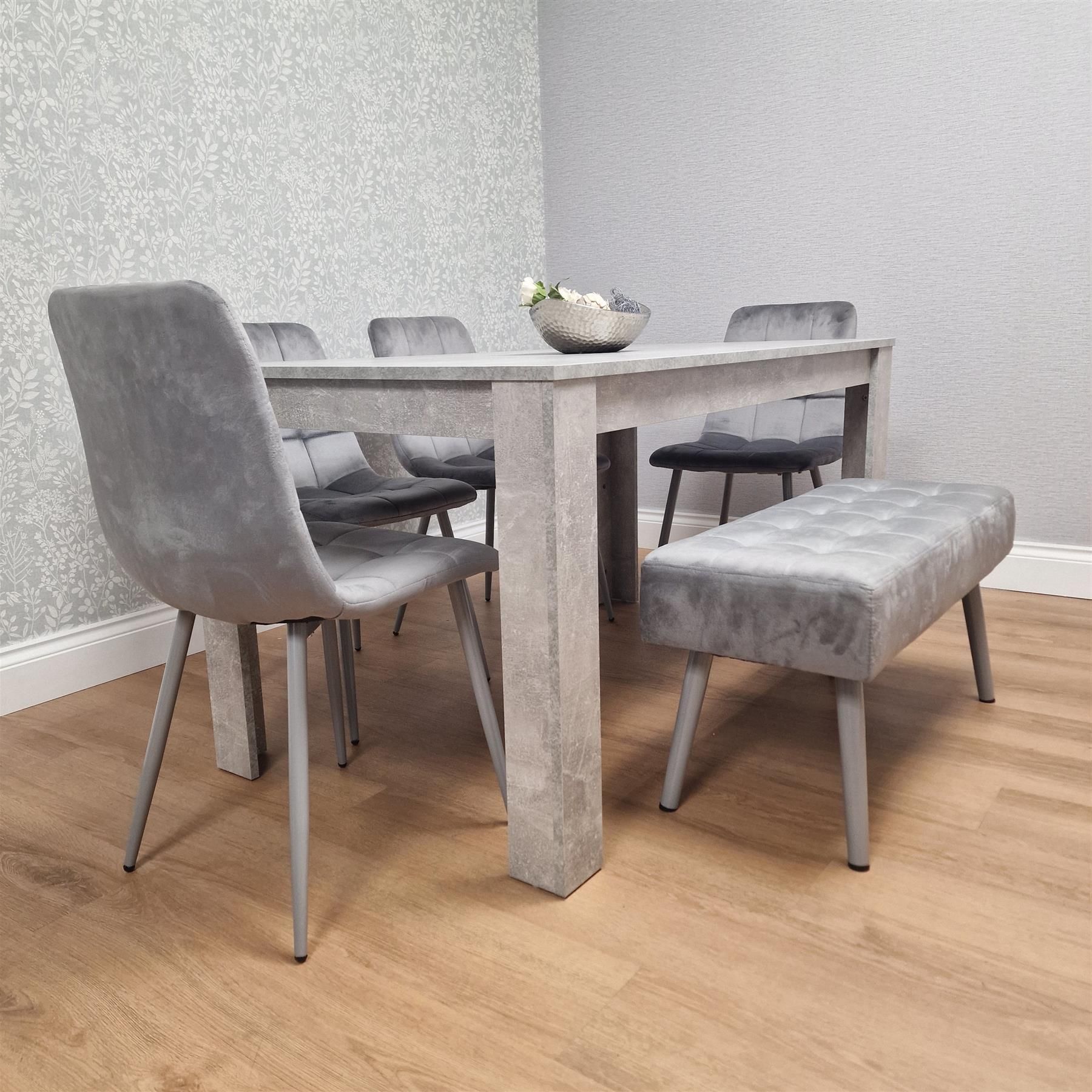 KOSY KOALA Wooden Grey Dining Table Set with 4 Grey Velvet Chairs and 1 Bench - Dining Furniture Set