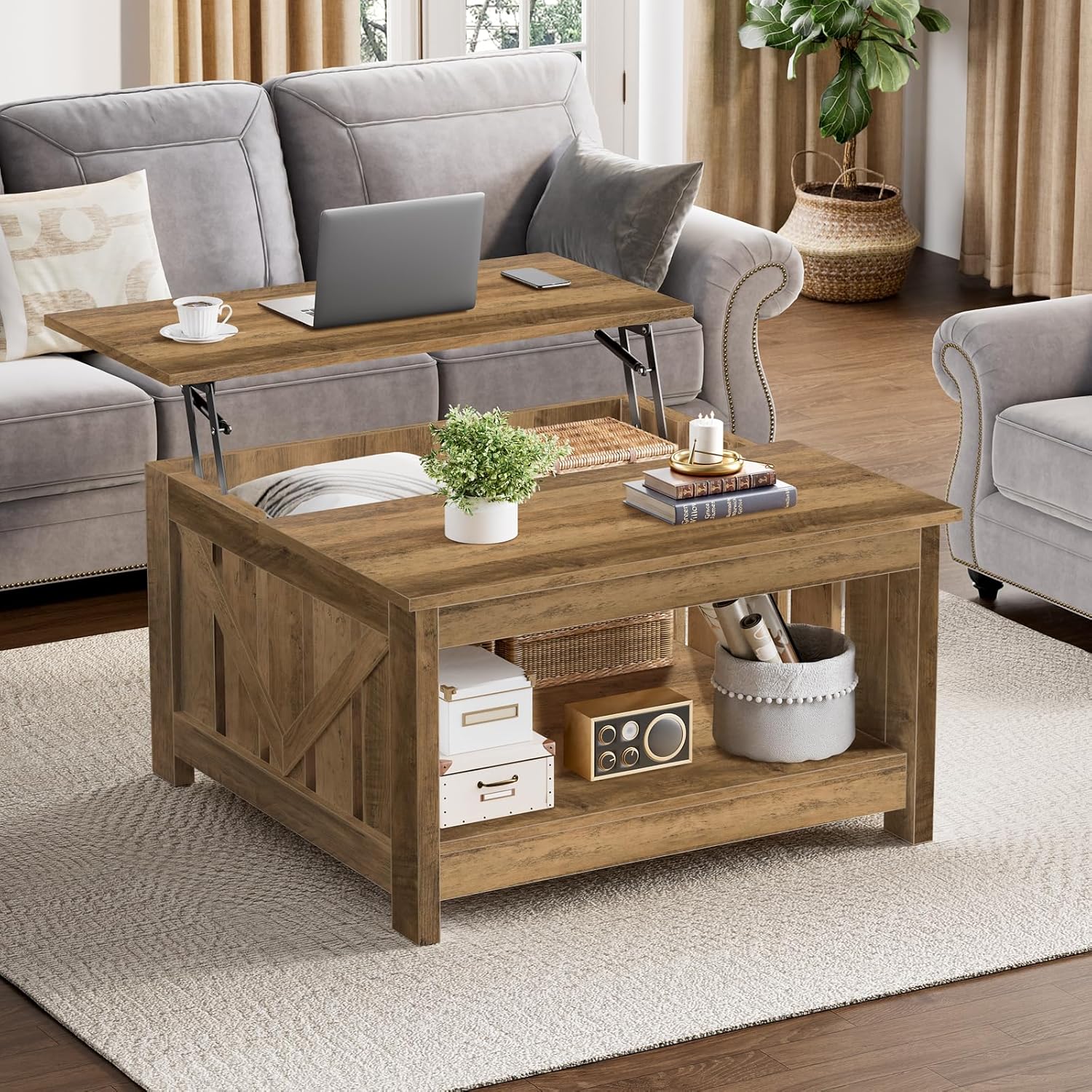 FABATO Lift Top Coffee Table, 31.5 Farmhouse Coffee Tables with Storage, Small Square Cocktail Tables, Wood Central Table for Living Room, Meeting Room, Retro Oak