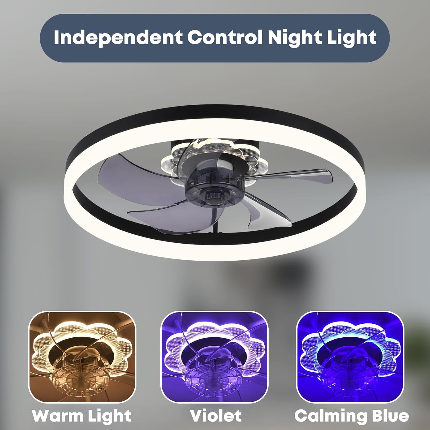 Fszdorj 23.6'' Ceiling Fan with Light, Upgraded Low Profile Fan, Flush Mount Ceiling Fan, 6 Speeds, Dimmable LED, App & Remote Control, Quiet DC Motor, for Bedroom, Living Room, F115 Black