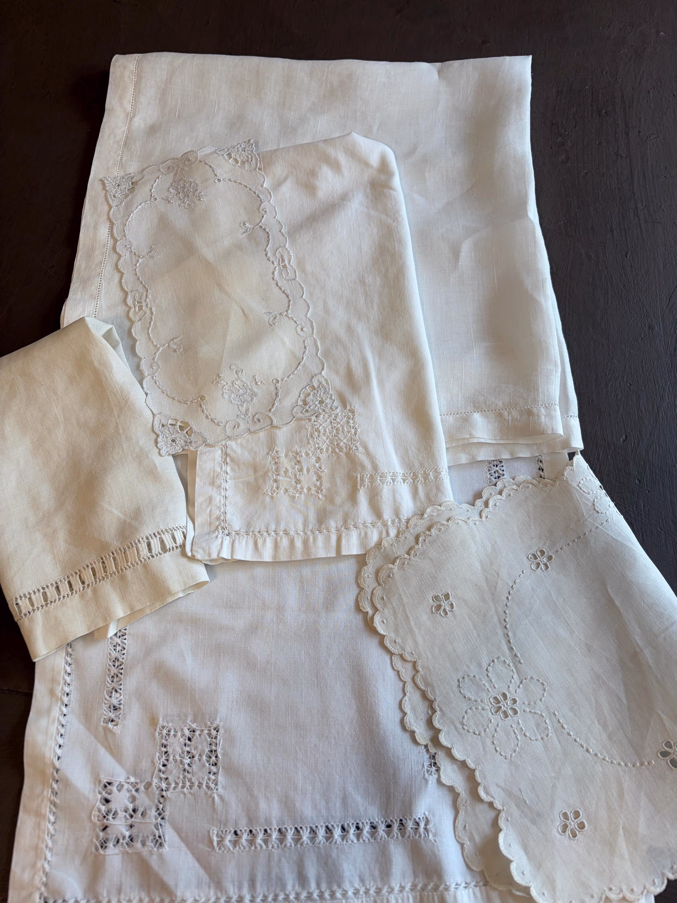 Vintage White Linen Bundle: Drawn Work, Saba Lace, Cutwork Textiles for Crafts