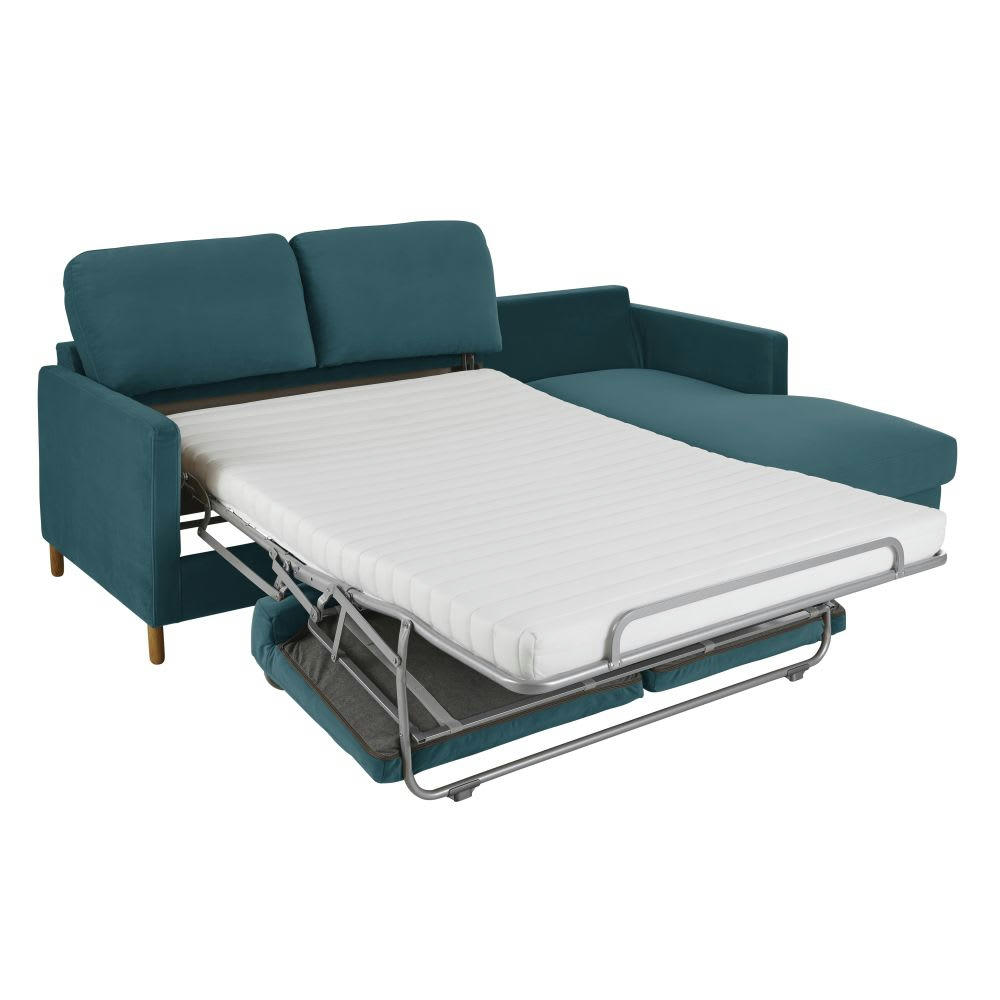 Julian - Canapé d'angle droit convertible 5 places en velours bleu paon, matelas 14 cm