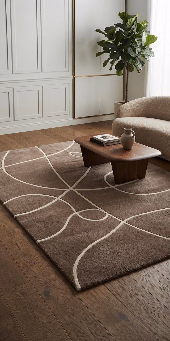 Hand Tufted Wool Area Rug | Abstract Line Art, Cocoa Brown (100% Wool)
