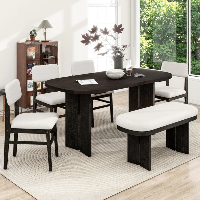 Farmhouse 6-Piece Dining Table Set, Solid Wood Dining Table and 4 Upholstered Chairs & 1 Bench
