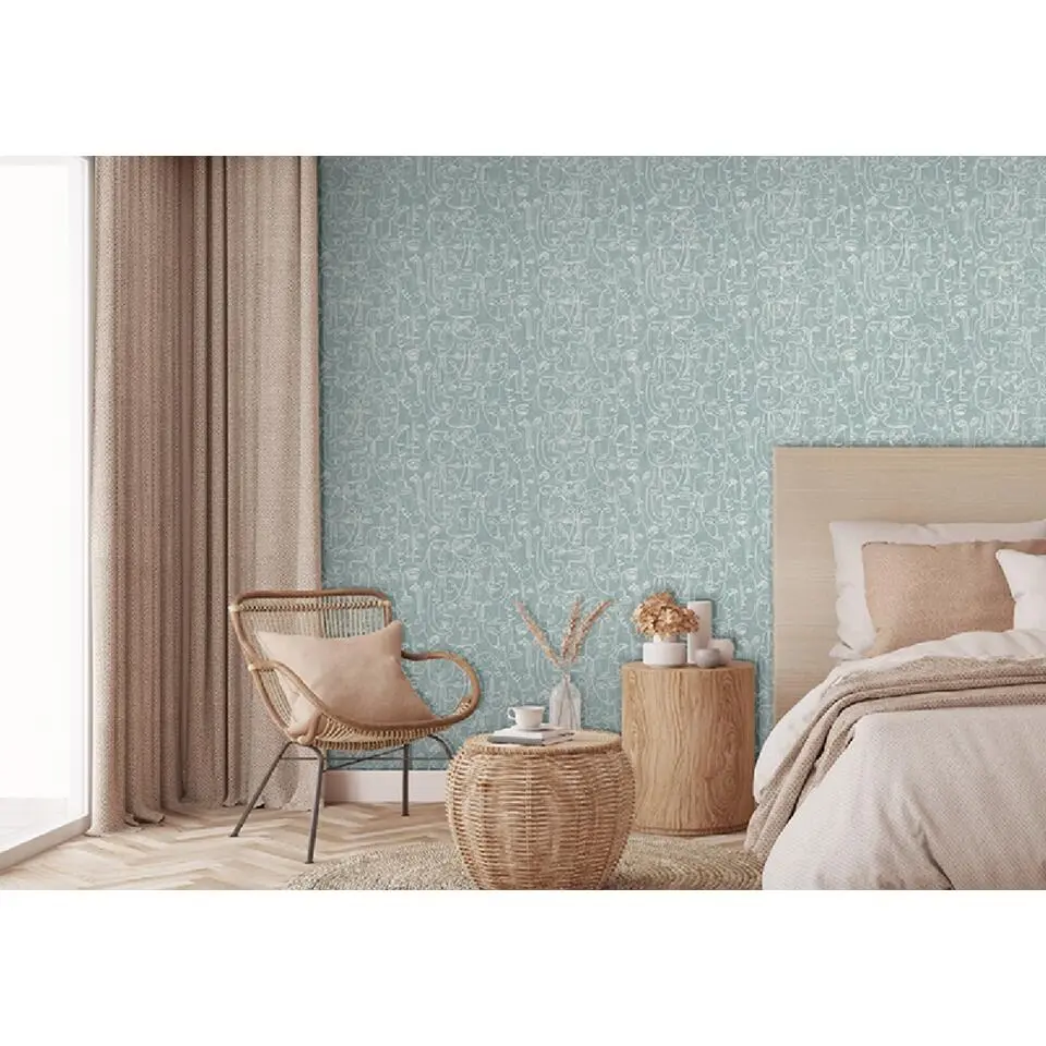 Dutch Wallcoverings - Arty Faces blauwgroen/wit - 0,53x10,05m