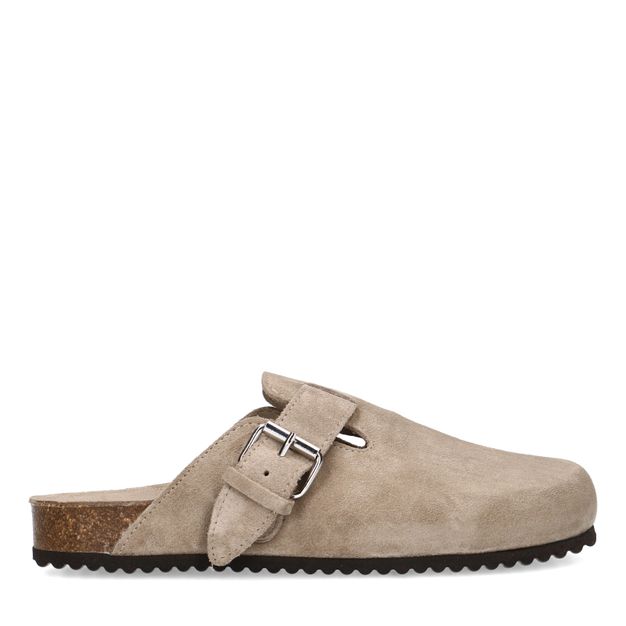 Taupe suède clogs met gesp