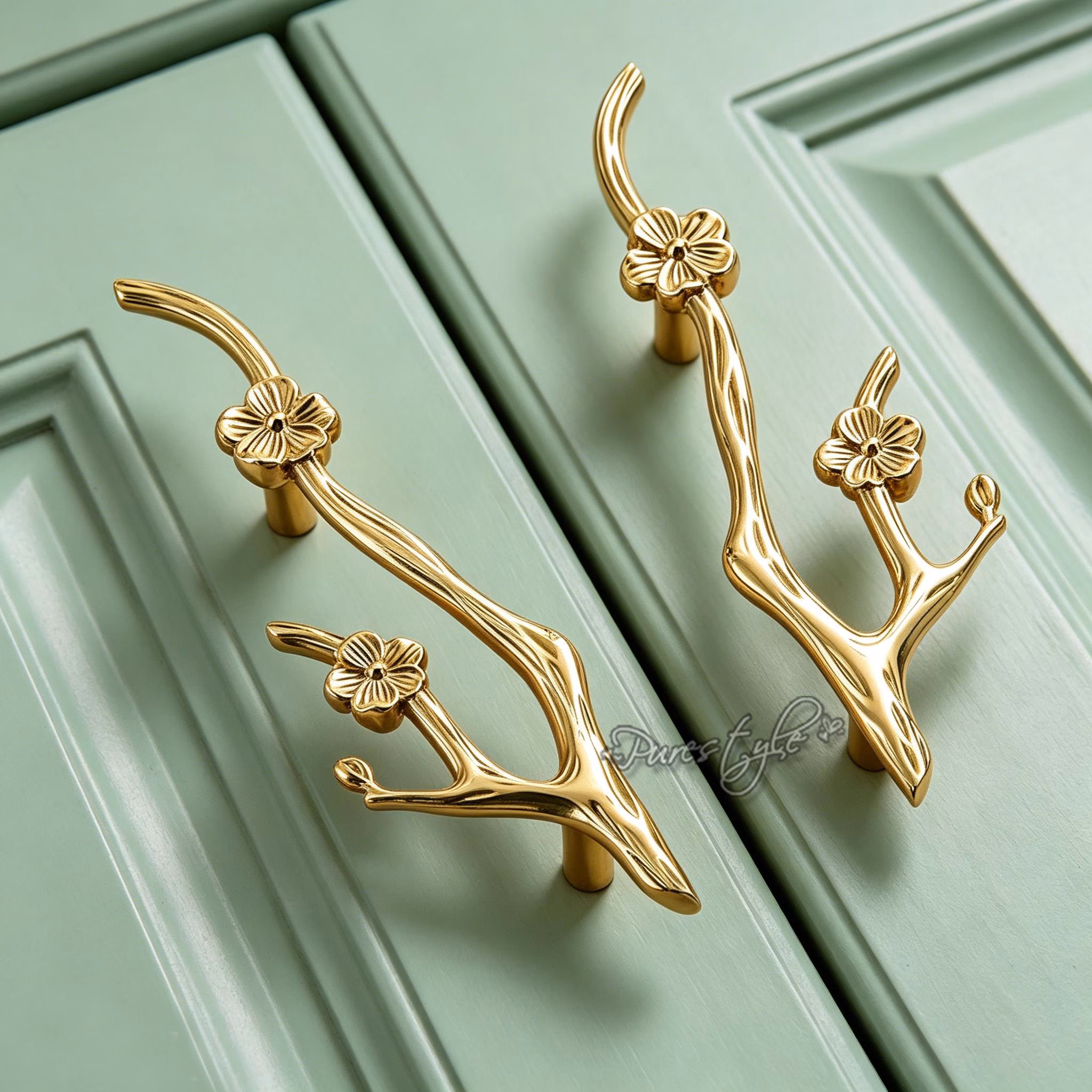 Solid Brass Flower Branch Cabinet Pull: Decorative Flower Drawer Pulls , Brass Branches Cabinet handles