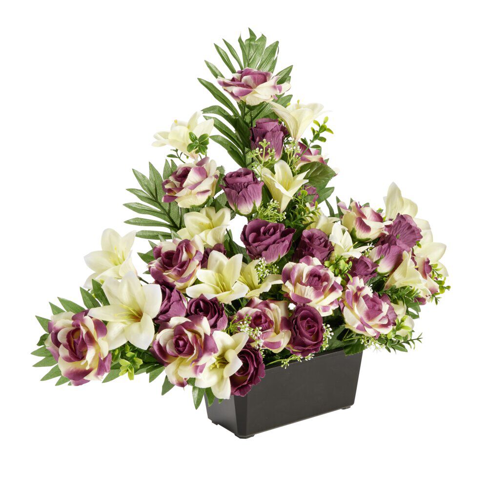 Composition florale artificielle roses et lys fuschias jardinière L76xH46cm