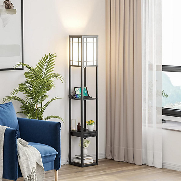 Lampadaire sur Pied à 3 Niveaux, avec Douilles E27, étagères et Tiroir de Rangement, pour Salon, Chambre, Balcon (Modèle A)