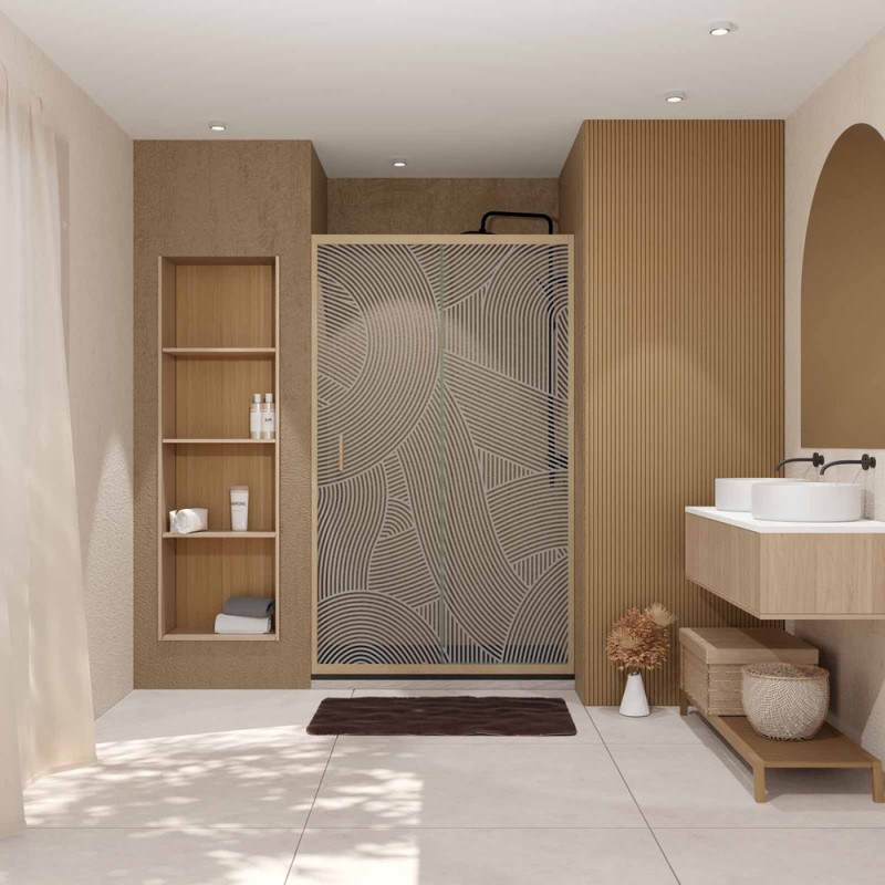 Porte de douche coulissante Japandi sérigraphie courbe bois 120 x 200 cm AURLANE
