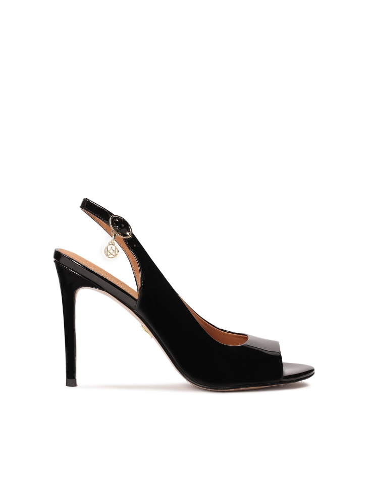 Black patent leathered sandals with a covered upper