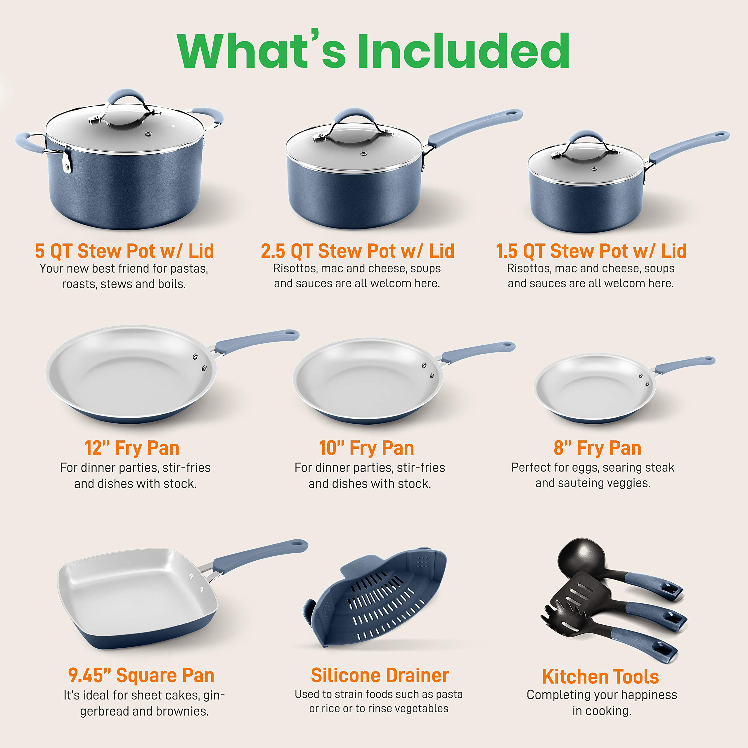 20-Piece Nonstick Kitchen Cookware Bakeware Set - Navy