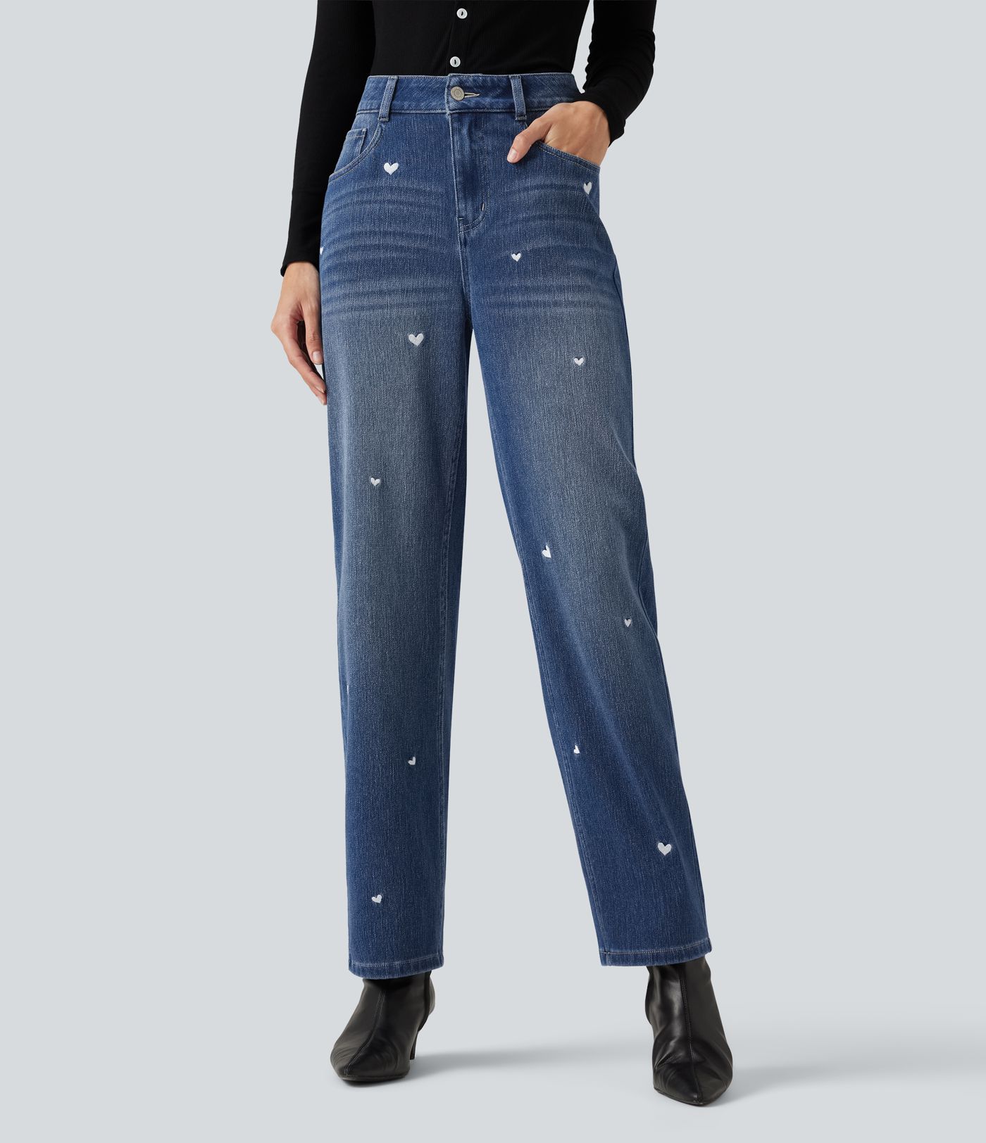 Jean droit brodé Halara Flex™ taille haute avec poches