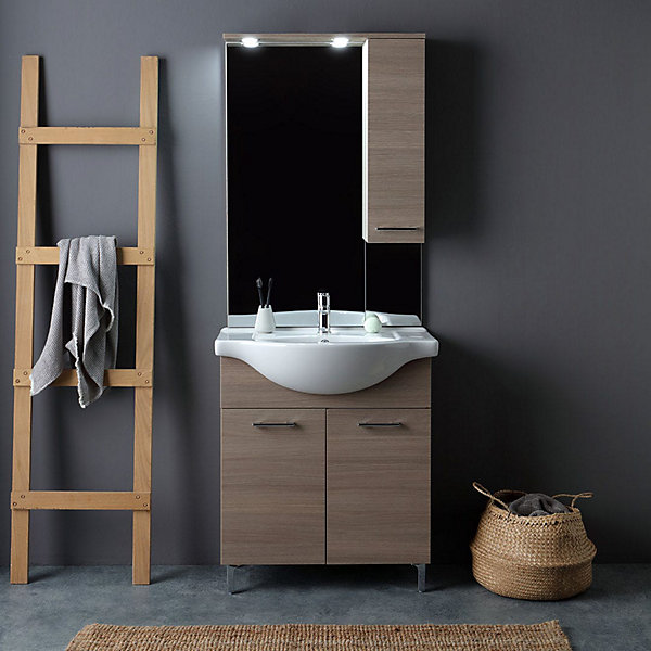 Ensemble De Salle De Bains Sur Pied 75 Cm En Chêne Naturel Avec Lavabo, Miroir Et Unité Murale Rimini