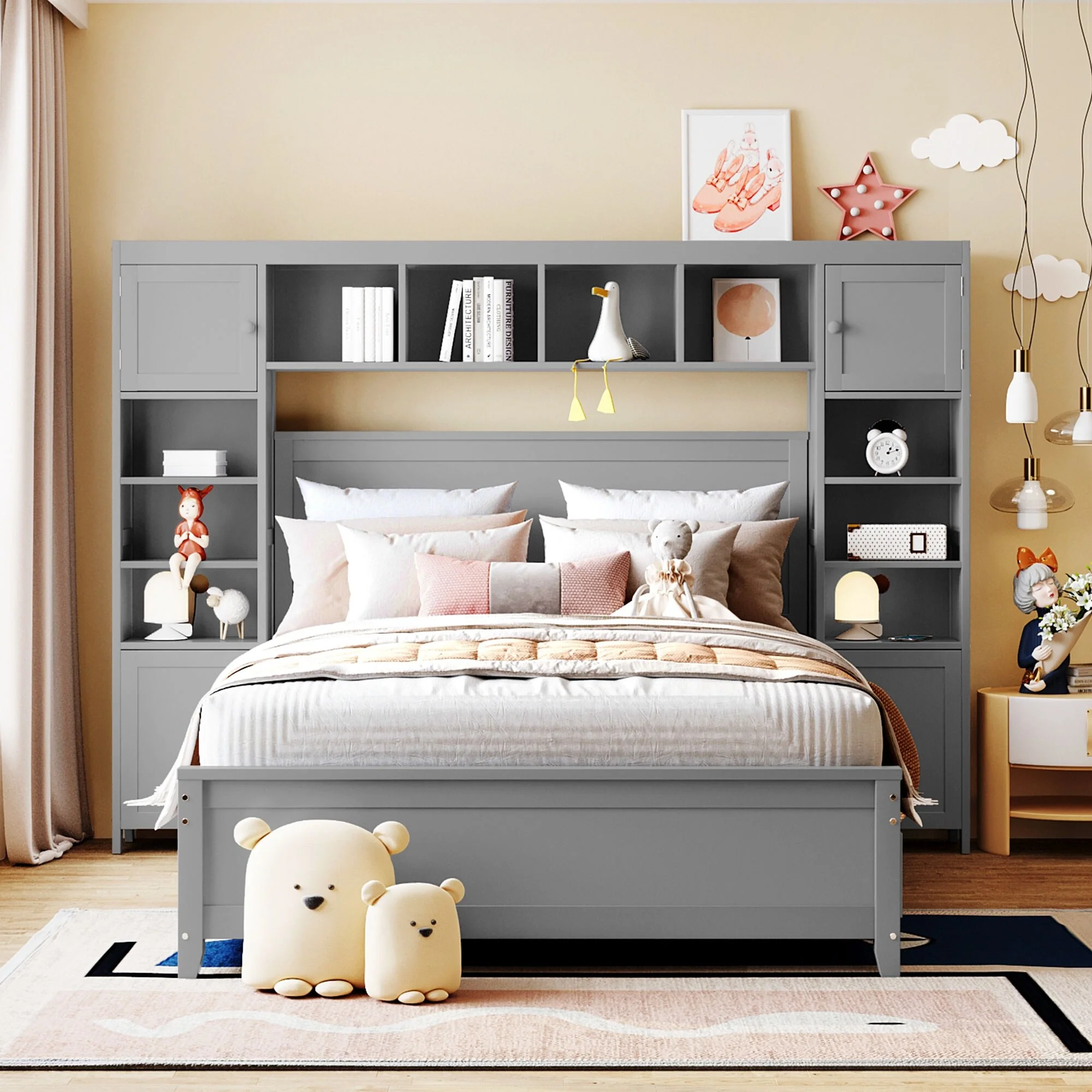 Full Size Platform Bed Storage Bed With All-in-One Cabinet, Shelves and Pull-out Drawers, Wooden Bookcase Bed for All Ages