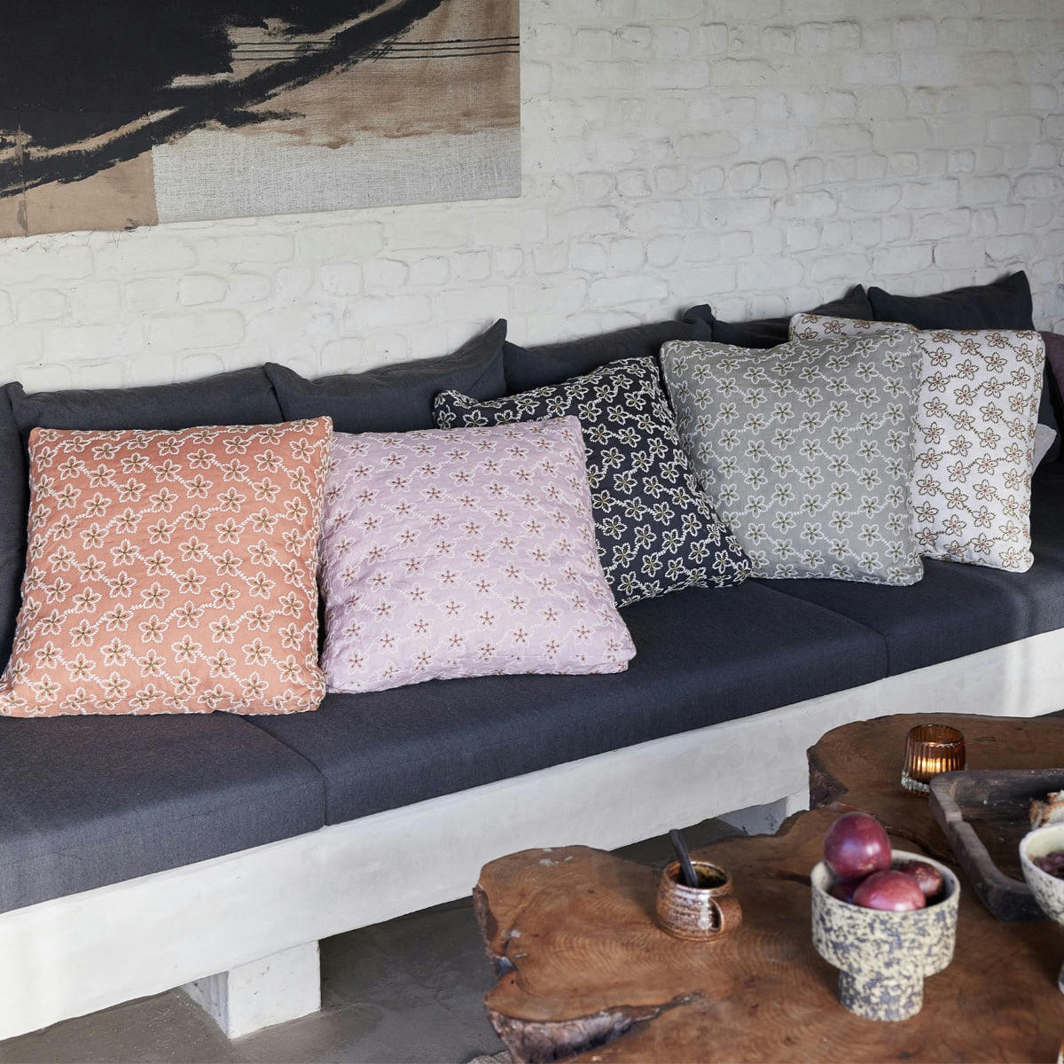 FLEURS - Housse de coussin en lin vert 45x45