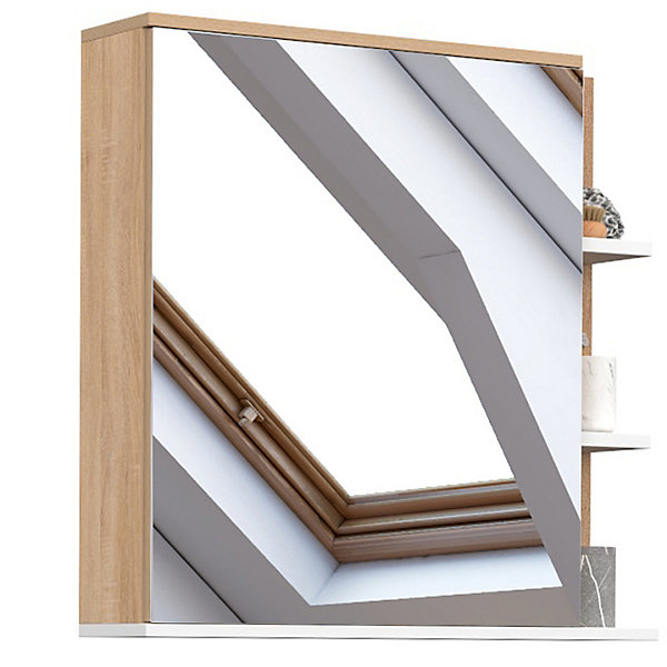 Meuble de rangement suspendu avec miroir et étagères pour salle de bain TOMI façon hêtre et blanc