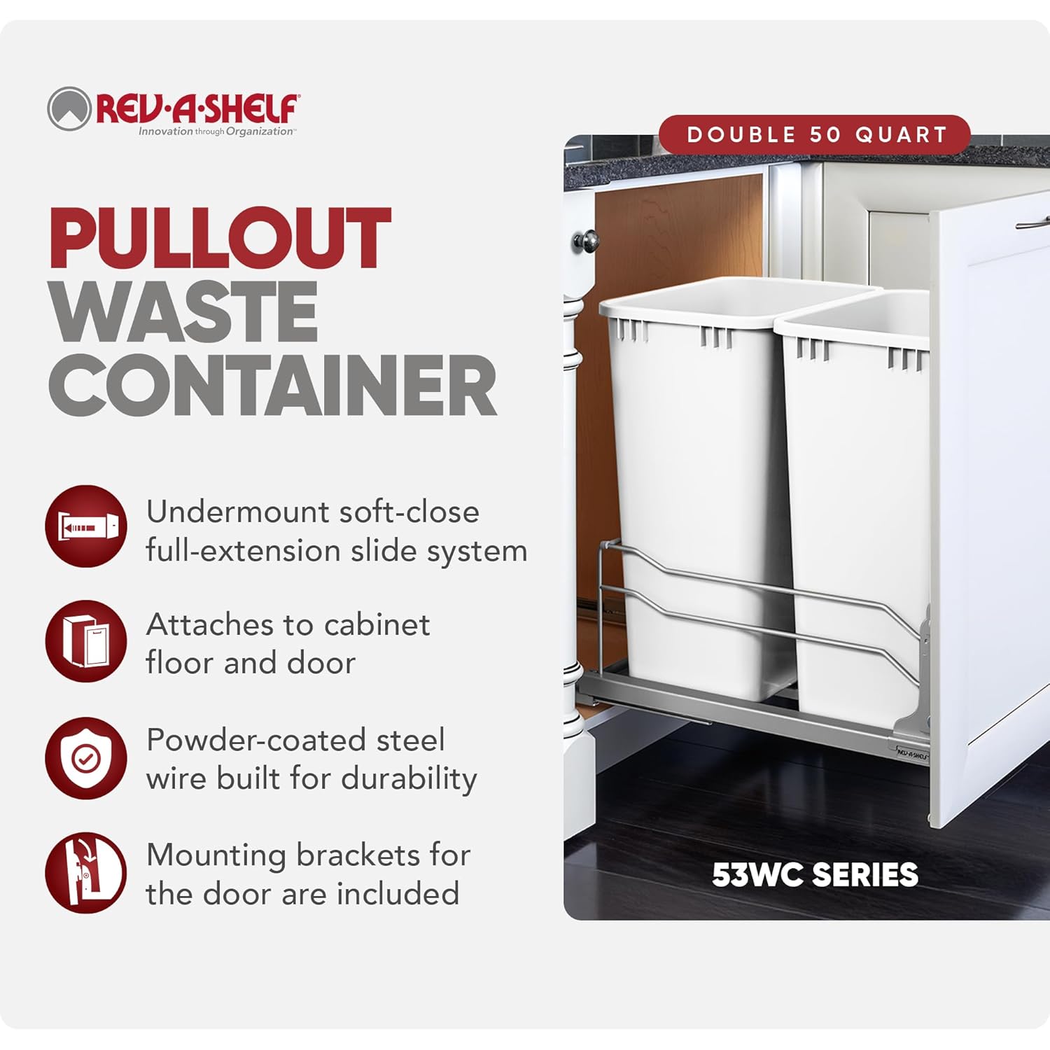 Rev-A-Shelf Double Pullout Trash Cans for Full Height Kitchen Cabinets 50 Quart 12.5 Gallon with Soft-Close Slides, White, 53WC-2150SCDM-211