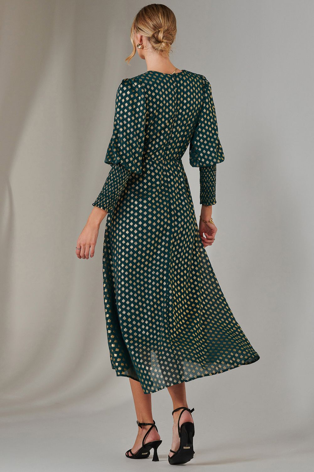 Jolie Moi Metallic Spot Print Puffy Sleeve Maxi Dress
