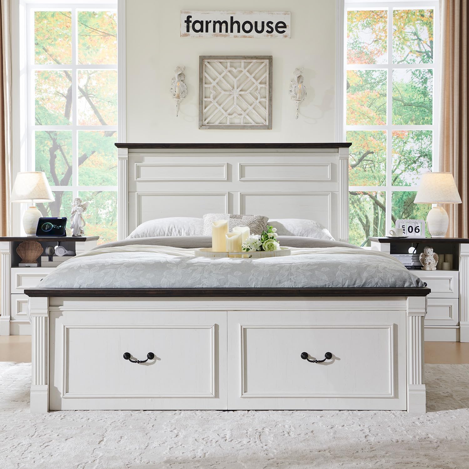 26 Tall Farmhouse Nightstand Set of 2, 2 Drawers End Table w/Charging Station, 23.6 Wide Large Side Table w/Roman Column, Wood Rustic Sofa Table w/Open Shlef, Bedside Table for Bedroom, White