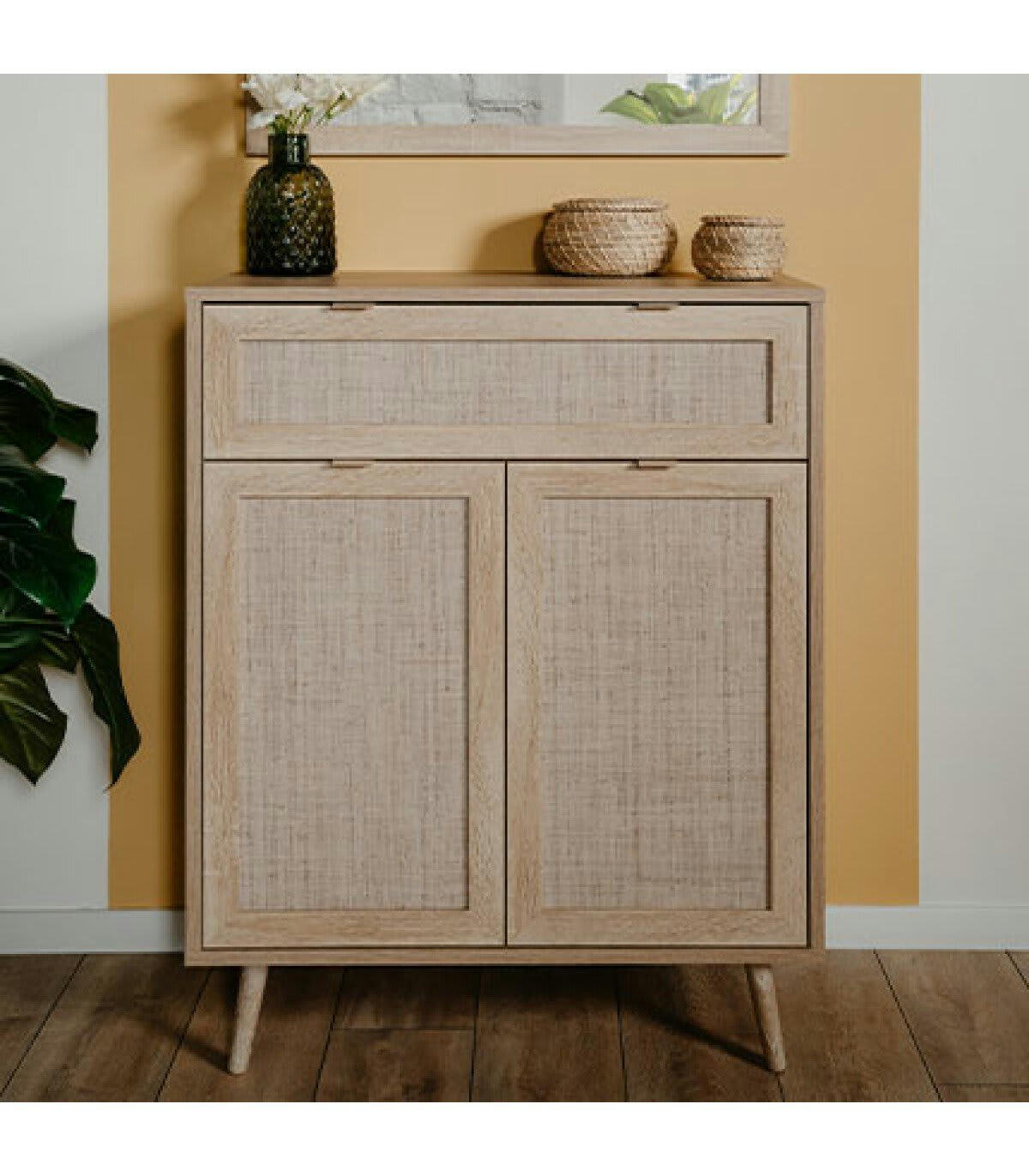 BALI - Meuble à Chaussures 2 portes 1 tiroir L80 cm - Impression effet rotin