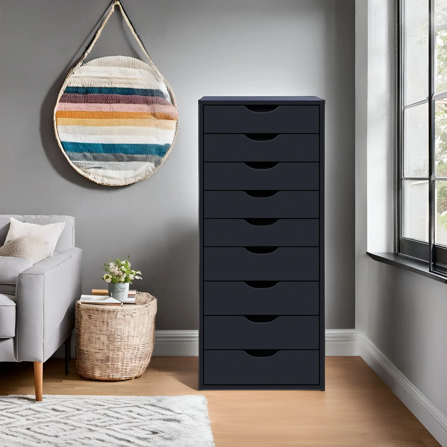 Narrow Wooden 9-Drawer Cabinet with Smooth-Glide Drawers and Top Storage Shelf