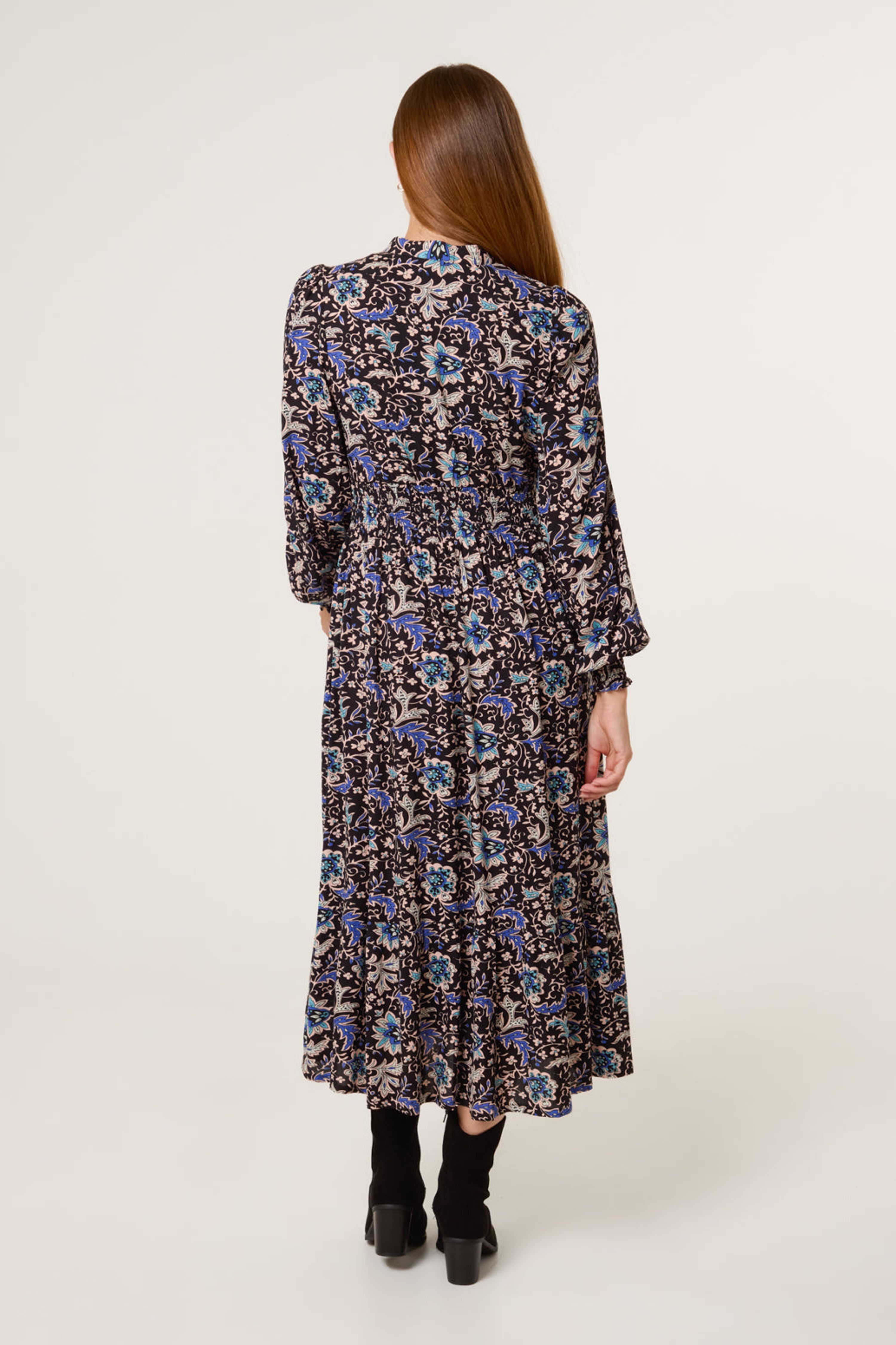 Blue Vanilla Black Paisley Shirred Waist Shirt Dress