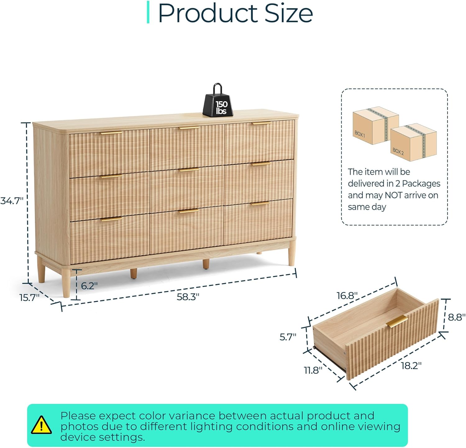 LINSY HOME Fluted Dresser for Bedroom with 9 Drawers, 58 Wide Mid Century Modern Dresser, Tall Boho Chest of Drawers, Large Wood Accent Storage Cabinet for Living Room, Curved Profile Design, Oak