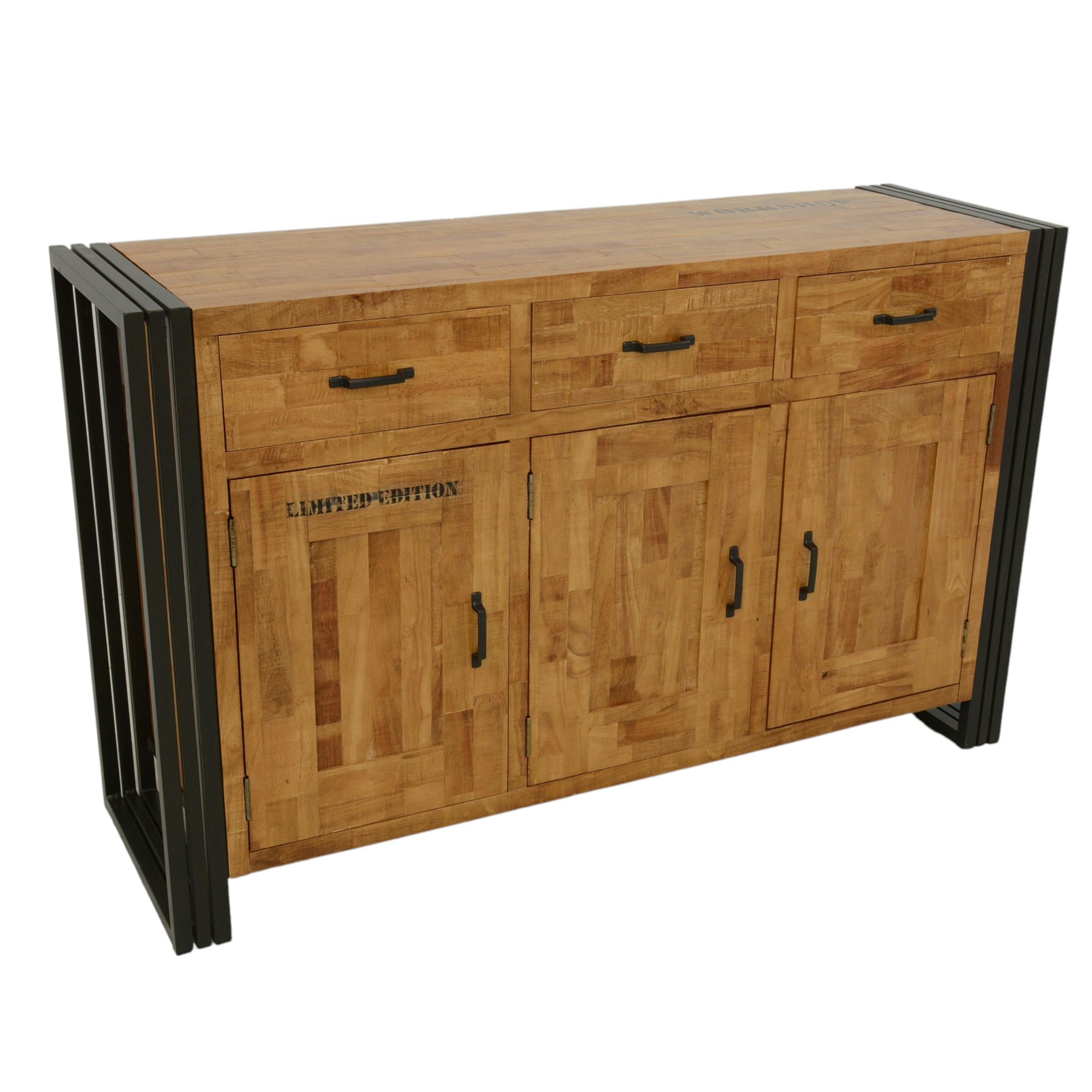 Buffet enfilade hévéa recyclé naturel et métal noirci 3 tiroirs 3 portes 150X45X90cm DOCKER