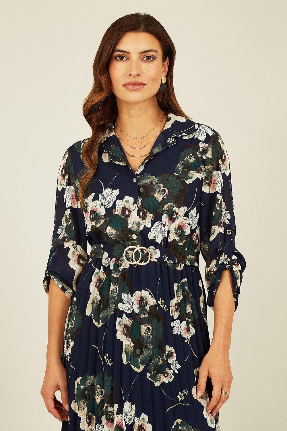 Mela Navy Floral Print Gold Buckle Midi Dress