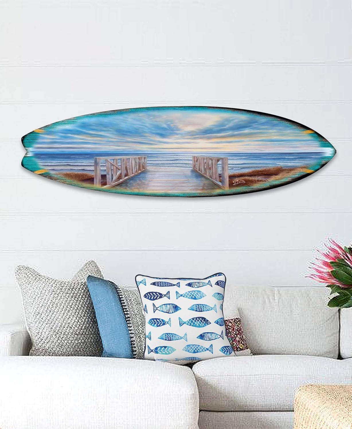 48-inch Wooden Pier Surfboard Wall Art, Handcrafted Coastal Holiday Décor by G. Debrekht