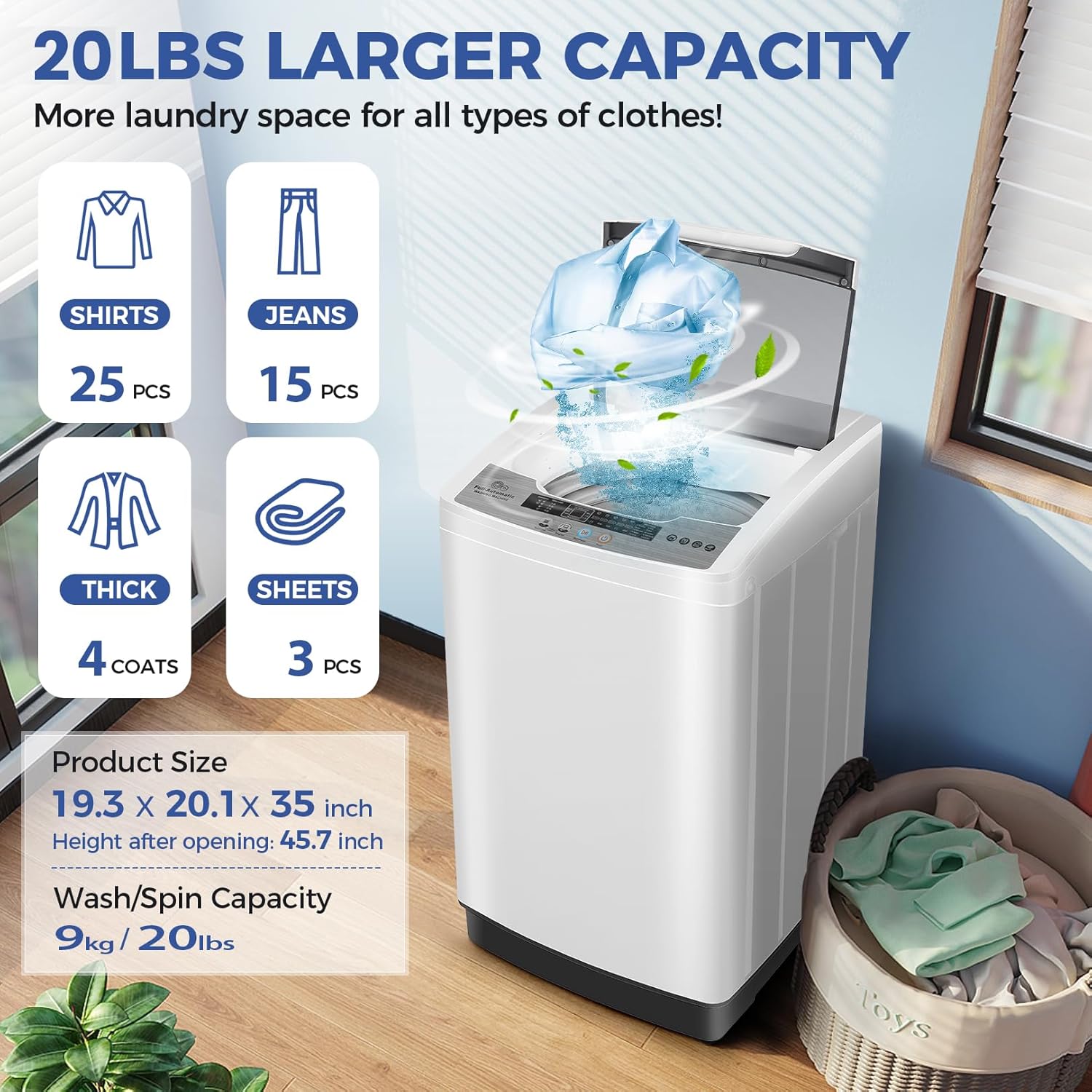 Nictemaw Portable Washing Machine, 20Lbs Capacity Full-Automatic Portable Washer, 2.8Cu.ft Washer and Dryer Combo with Drain Pump, LED Display, 10 Programs & 8 Water Levels for Apartment Dorm RV