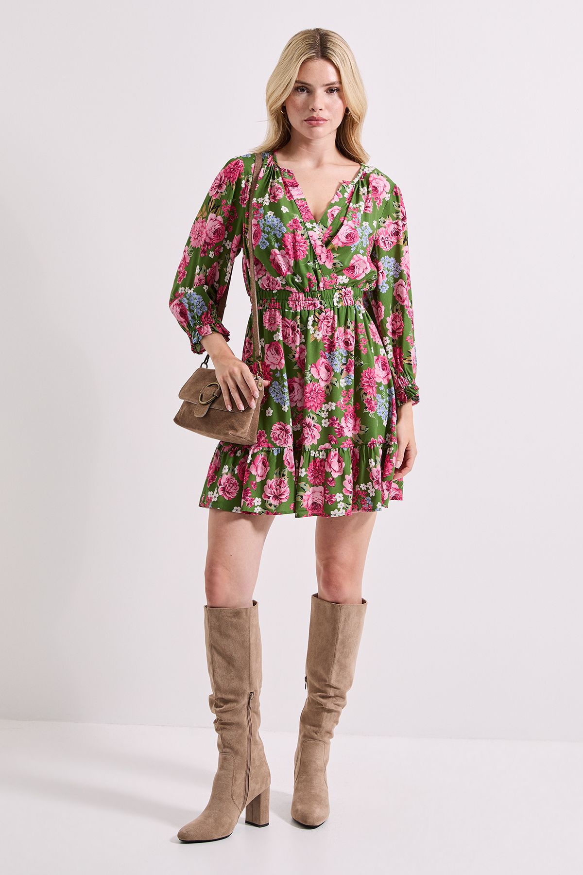 Dorothy Perkins Green Floral Wrap Front Blouson Sleeve Mini Dress