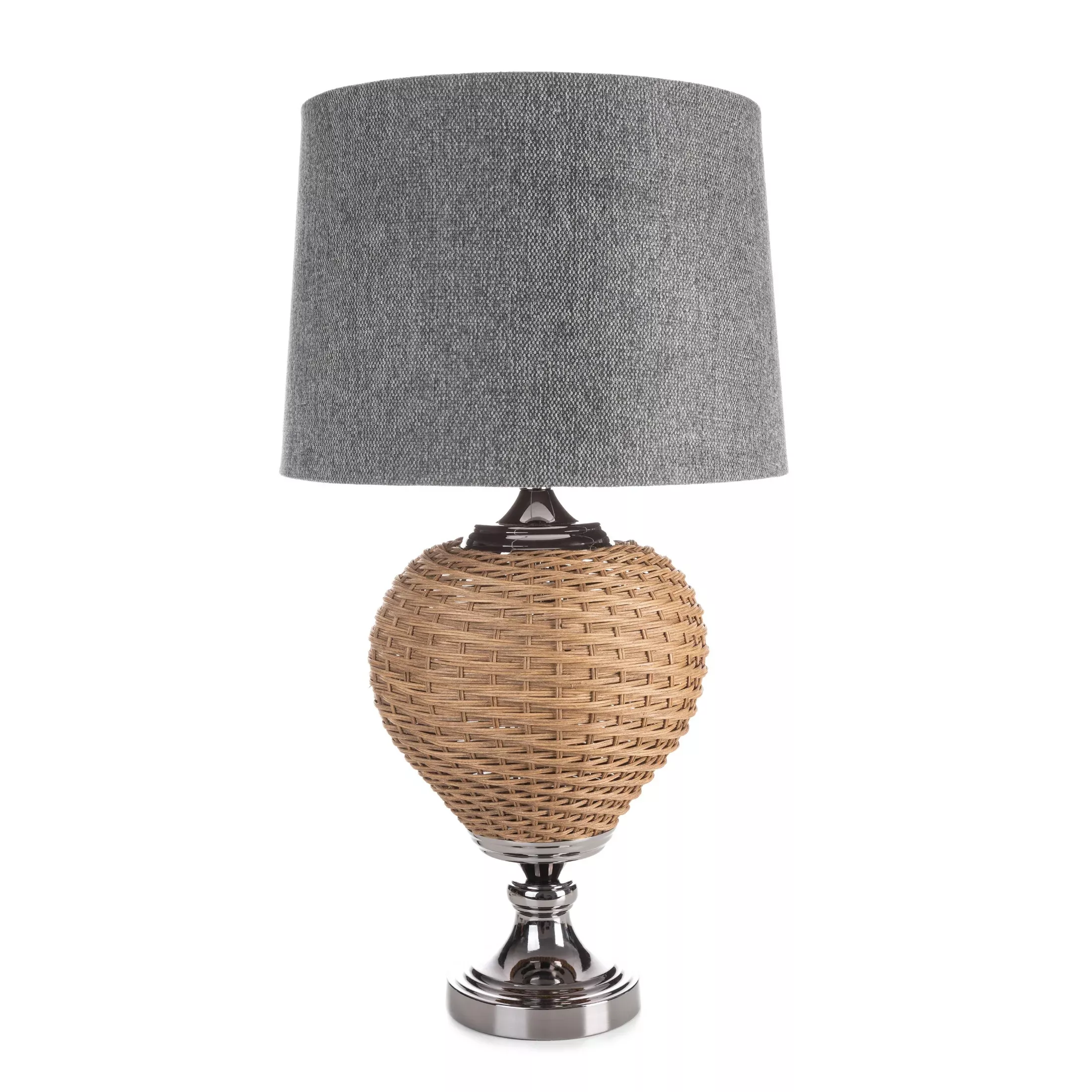 Lampa stołowa do pokoju stalowo, beżowa PATI w stylu boho z plecioną podstawą i matowym abażurem