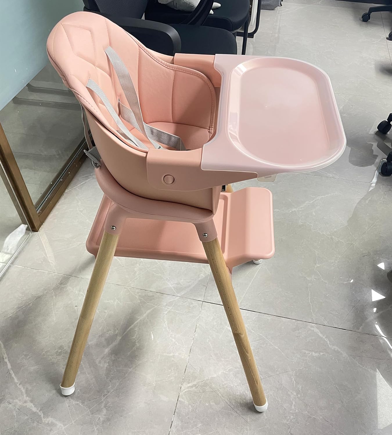 Baby High Chair, 6-in-1 Wooden Convertible High Chairs for Toddlers, Booster Seat with Double Tray & Reversible Footrest, 5-Point Harness, Pink