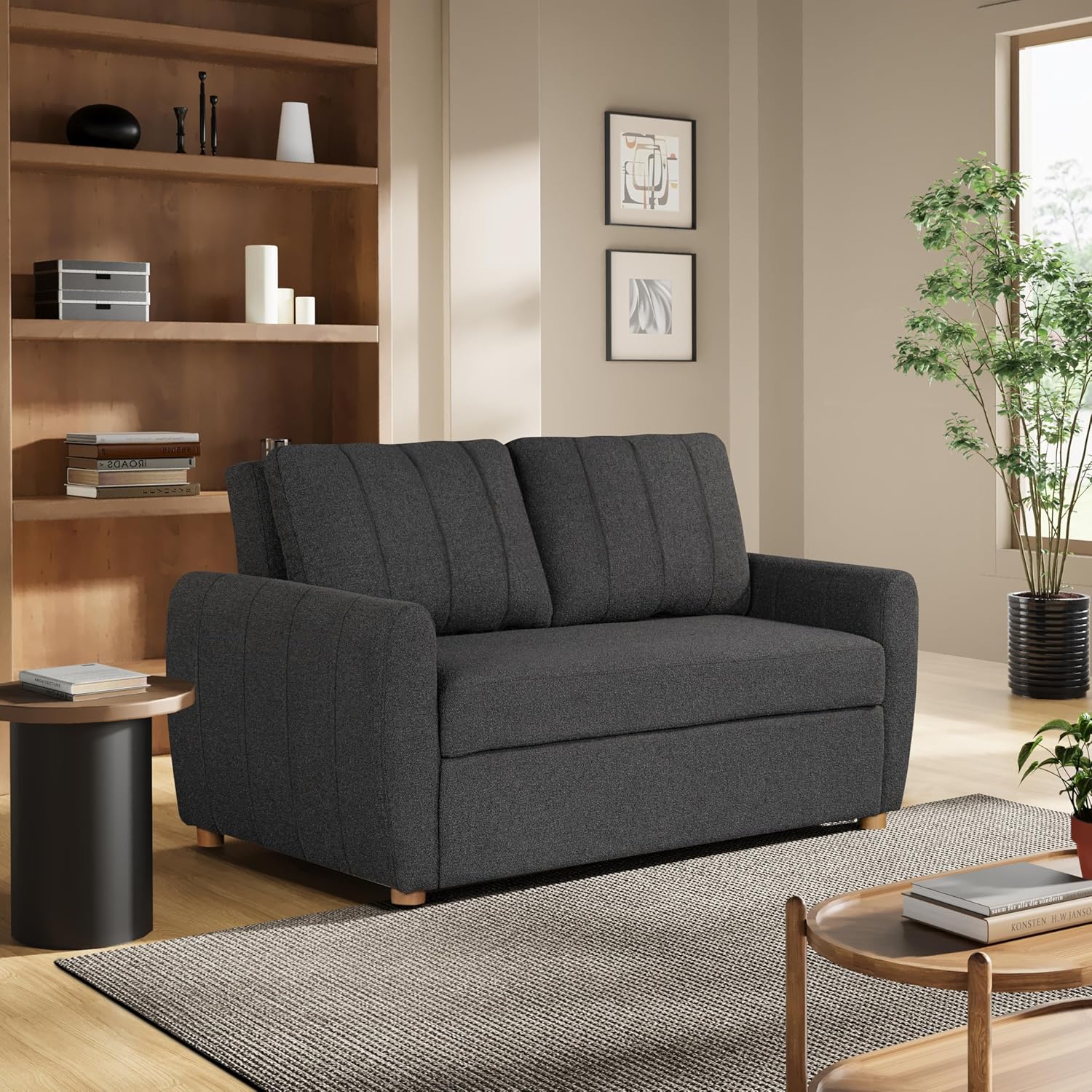 Serta Galway 66.5 Convertible Sleeper Loveseat, Full Size, Dreamcoil Comfort, FingerGuard Pinch Point Protection, Boucle Fabric, Charcoal