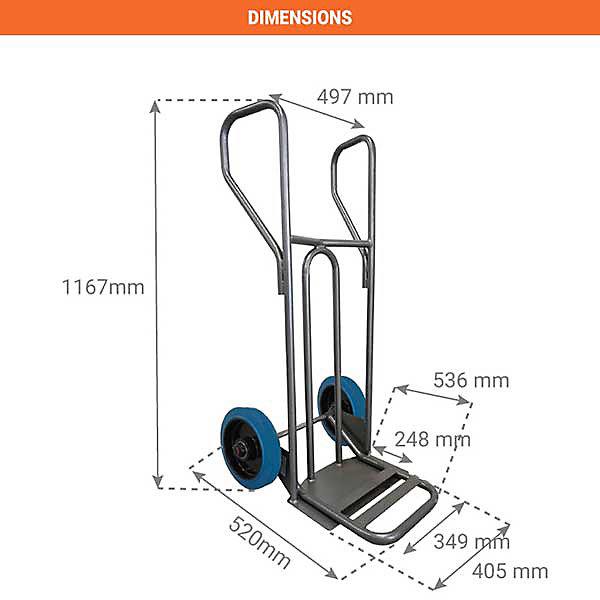 Diable - Pelle fixe 238x405mm - charge 250kg - Roues caout. élast. bleu non tachant silencieux - DVPF2-RSB-BR