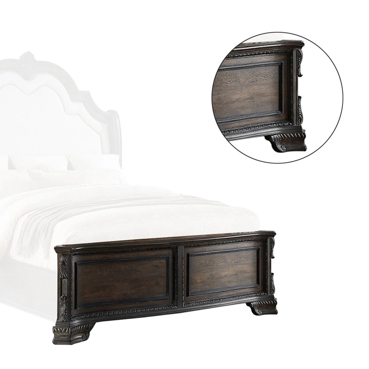 Queen Footboard with Wooden Carvings and Bracket Feet, Brown