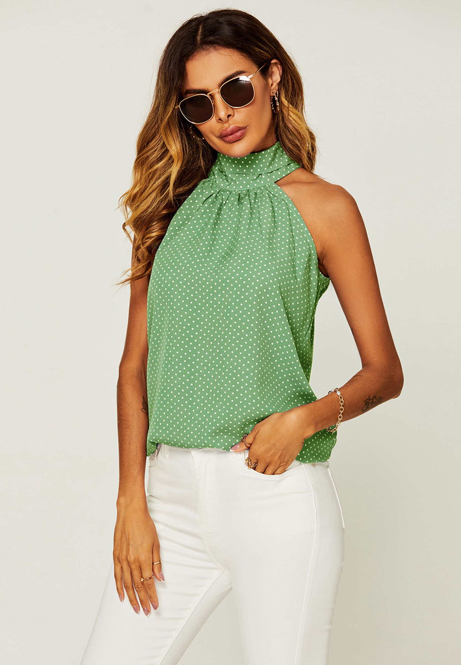 FS Collection White Polka Dot Print Halter Neck Tie Back Top In Green