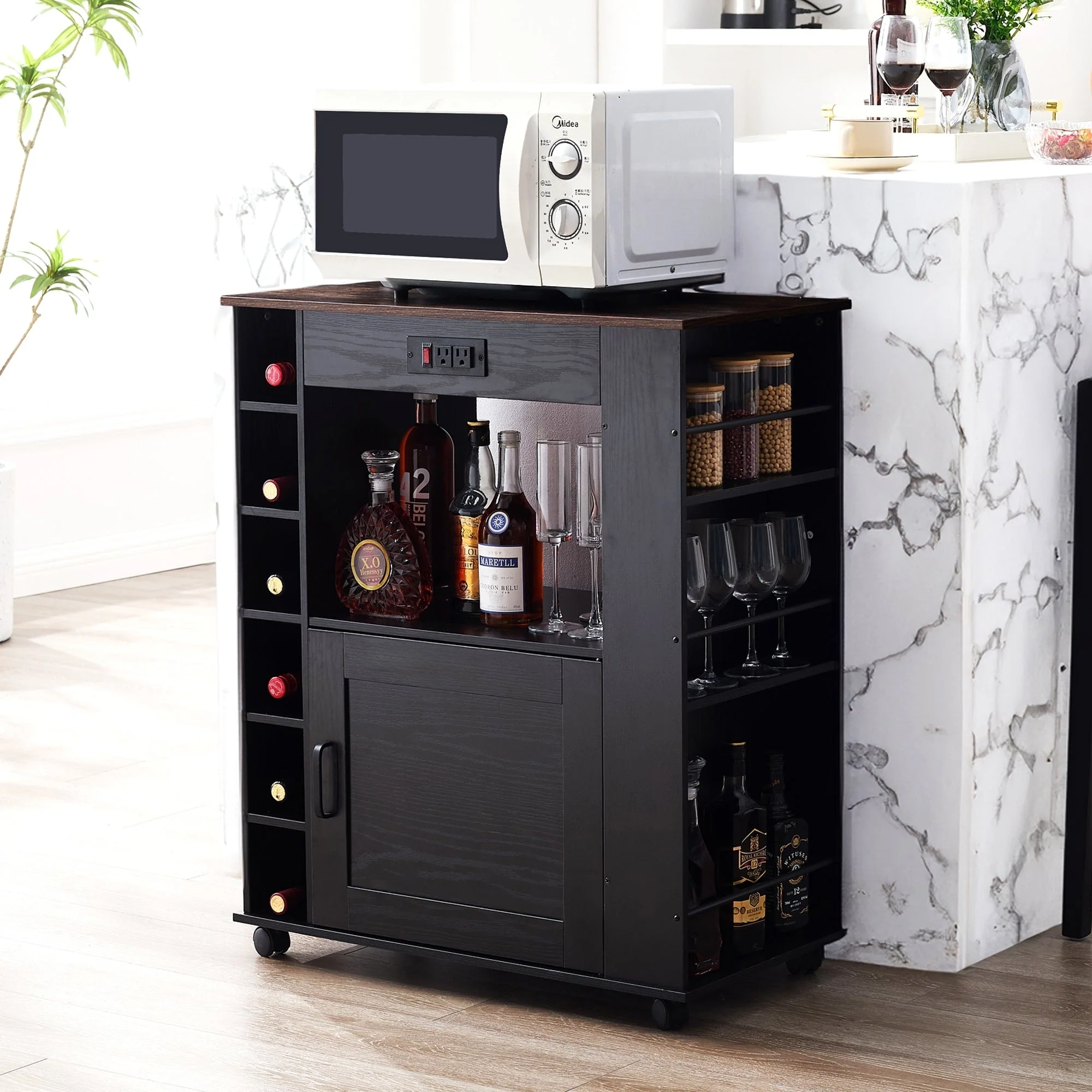 VECELO Kitchen Cart with Wheels and Charging Station,35.4'Kitchen Island Cart Wine Rack Bar Table, Bar Cabinet