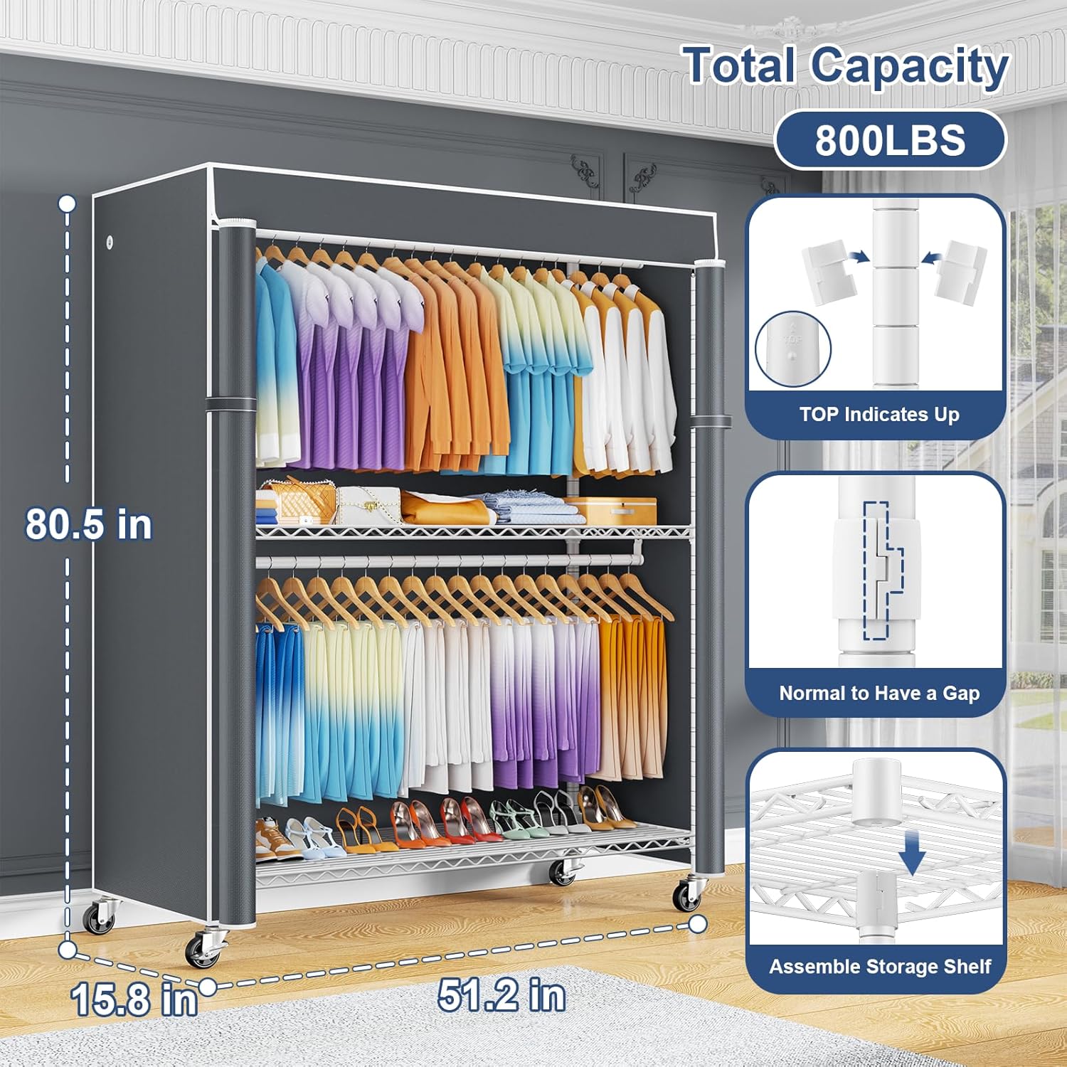 ULIFHOME P8C Max Heavy Duty Clothes Rack（With Extended Width Design） Rolling Clothing Racks for Hanging Clothes with Lockable Wheels，51.2 W x 15.8 D x 80.5 H，Load 700LBS，White Rack with Grey Cover