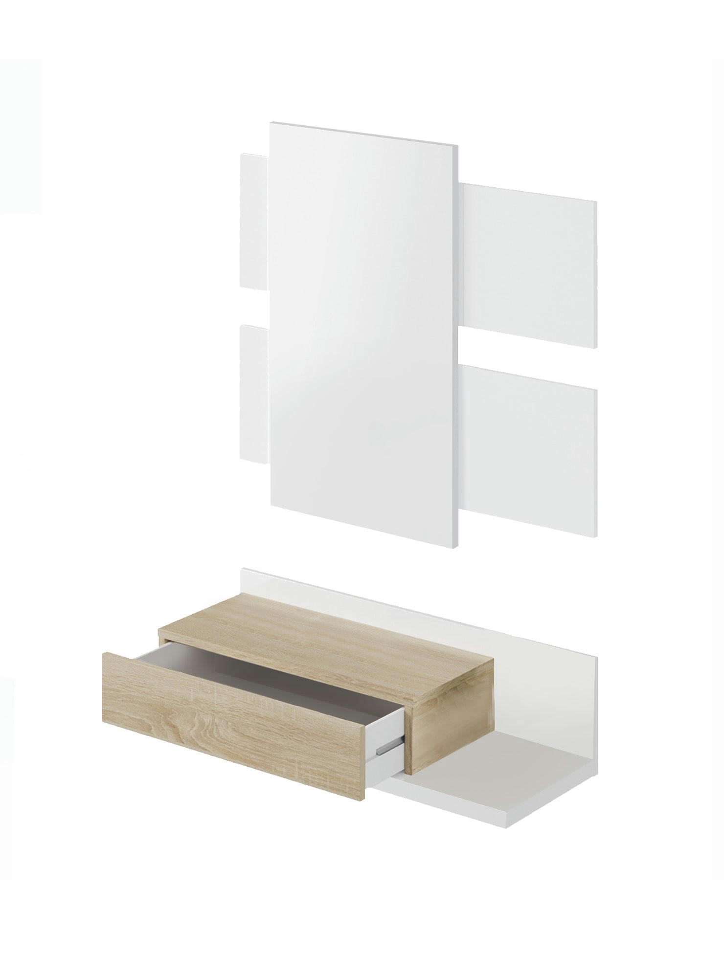 ERIE - Meuble d'entrée avec miroir blanc brillant et effet bois noyer