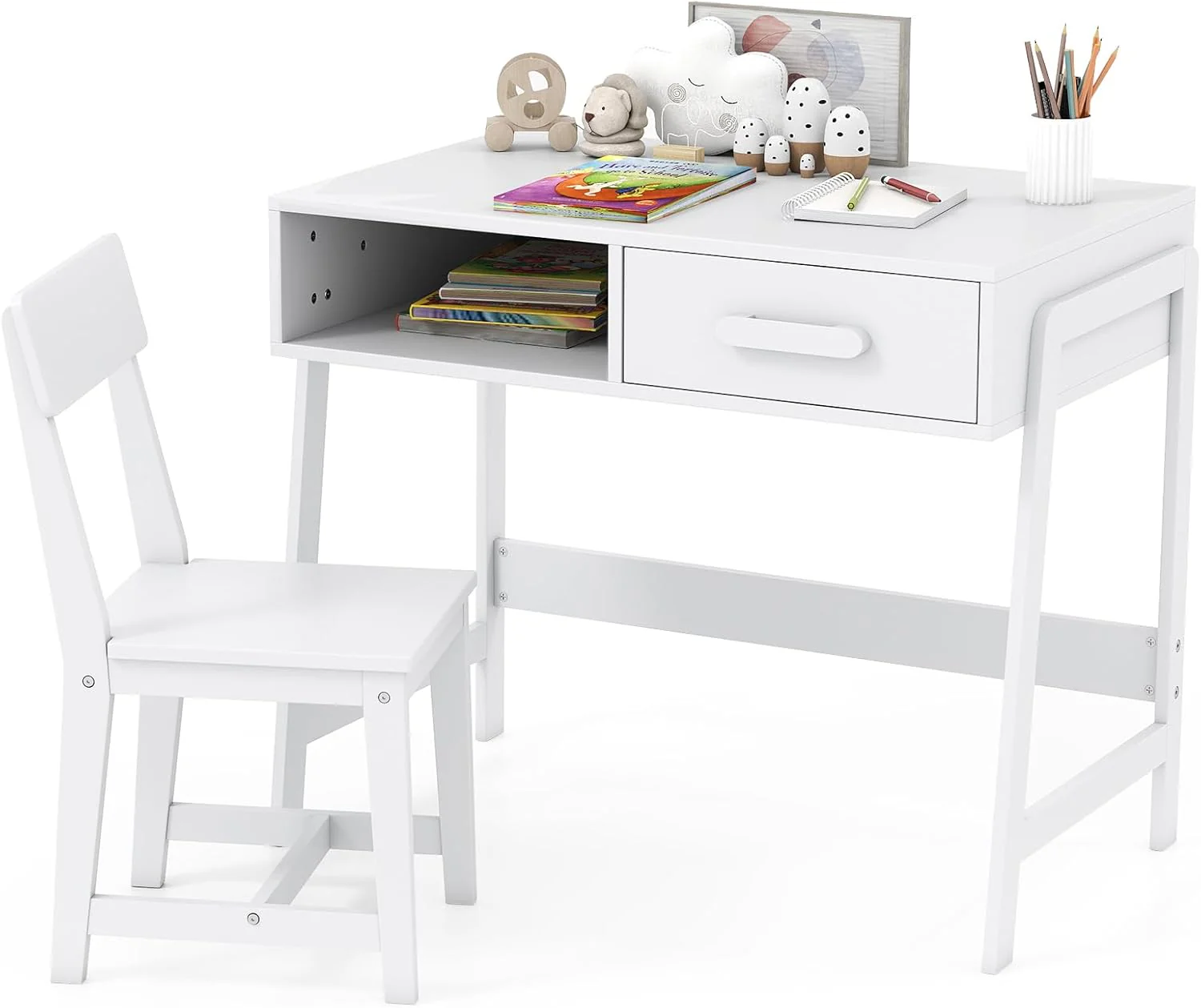 Kids Desk and Chair Set, Wooden Children School Study Table and Chair w/Storage Drawer  Hutch, Student Writing Desk Computer Workstation for Bedroom, Gift for 3+ Years Old (White)(White)