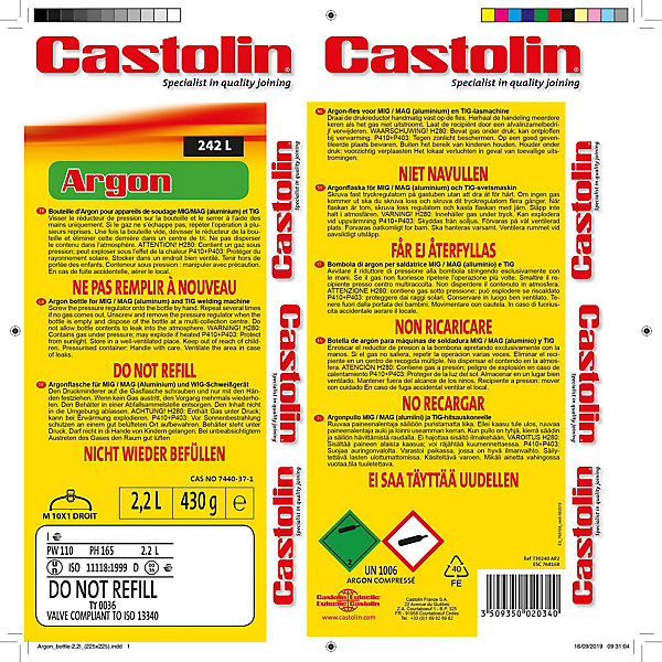 Bouteille d'argon pour soudage Castolin 220L